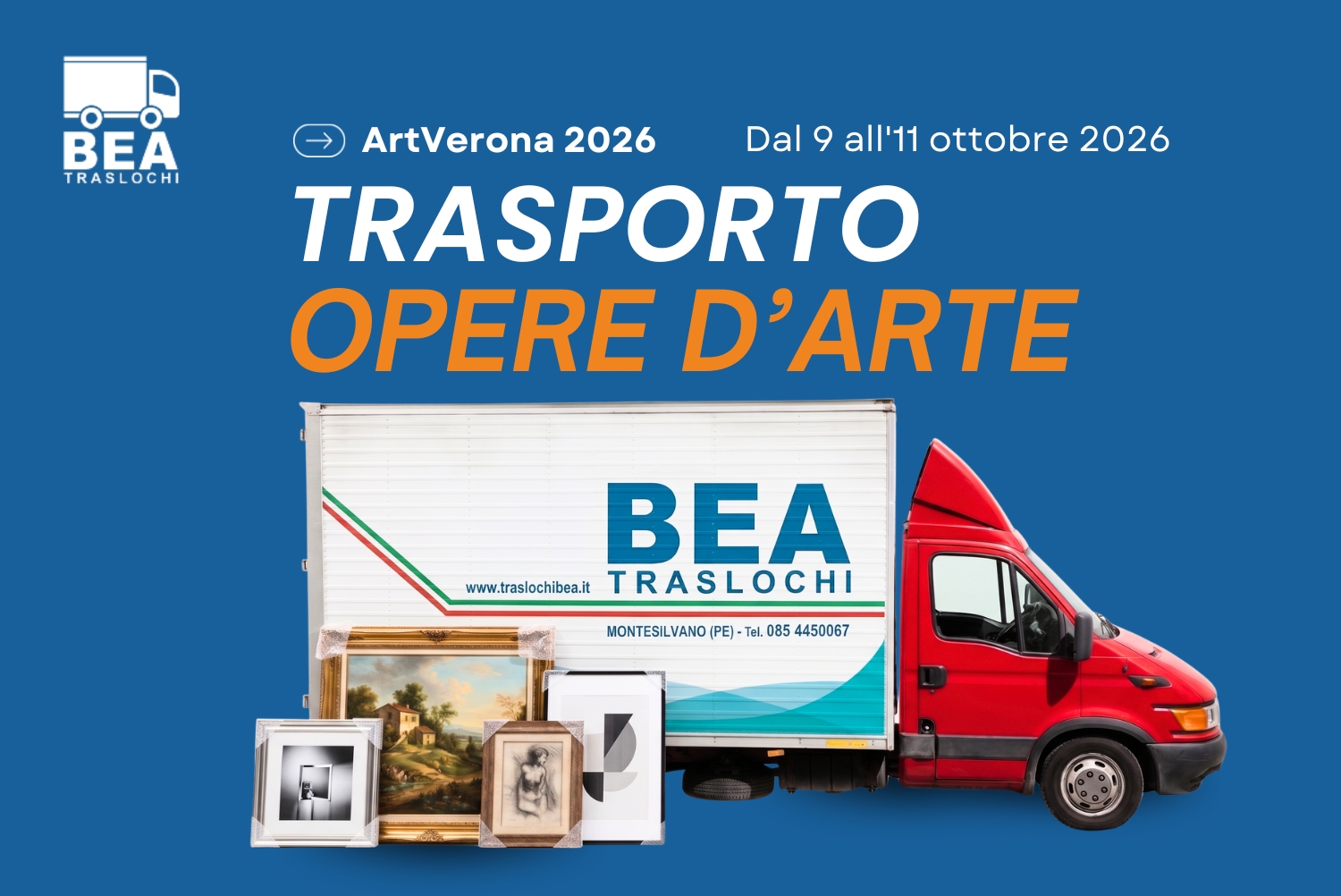 Grafica promozionale di BEA Traslochi dedicata al servizio di trasporto opere d'arte per l'evento ArtVerona 2026, in programma dal 9 all'11 ottobre. L'immagine mostra un furgone aziendale rosso parcheggiato dietro a una selezione di quadri e fotografie incorniciate, il tutto su uno sfondo blu.